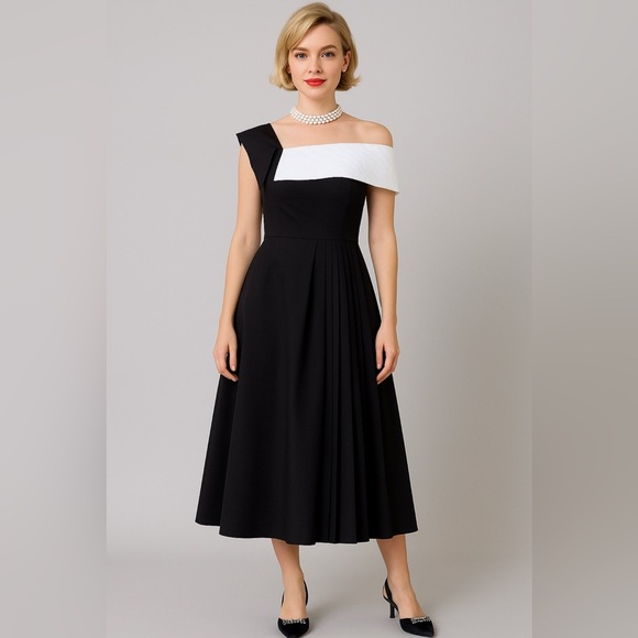 Elegant Black and White One-Shoulder Dress - Picture 2 of 13